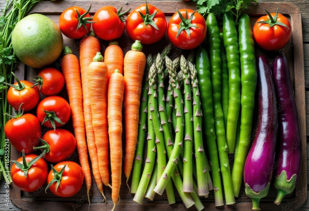 Assorted vegetables on a wooden tray.