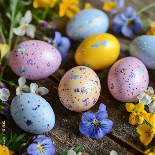 A close-up of beautifully painted Easter eggs scattered among colorful spring flowers like violets and irises on a soft, rustic wooden surface.
