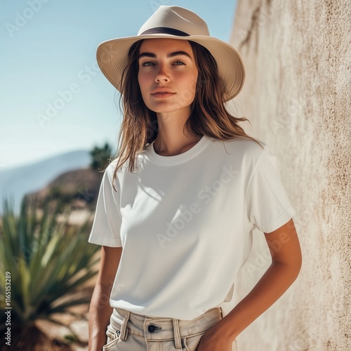 Beautiful young woman in white t-shirt mock up, summer nature landscape background. Crewneck basic tshirt mockup. Female model in casual short sleeve tee, holiday, travel, vacation lifestyle outfit photo