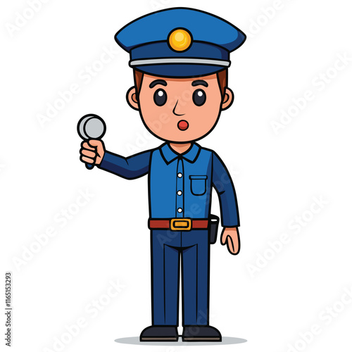 Police officer directing traffic with a whistle in hand isolated on white background