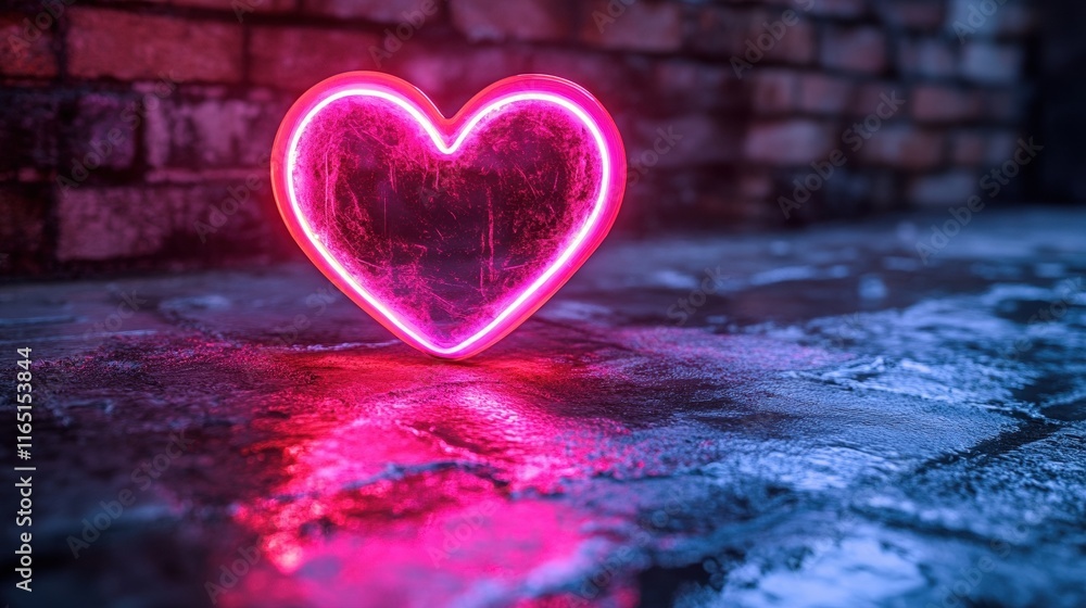 Fototapeta premium Neon heart light on wet cobblestone street at night