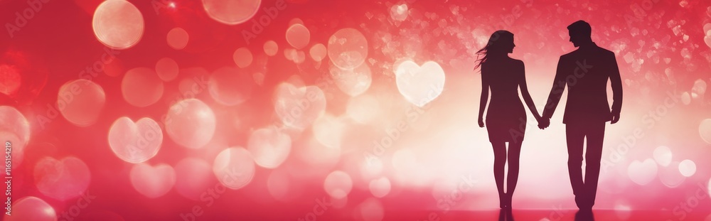 A romantic silhouette of a couple holding hands against a heart-themed background. A romantic silhouette of a couple holding hands against a heart-themed background.