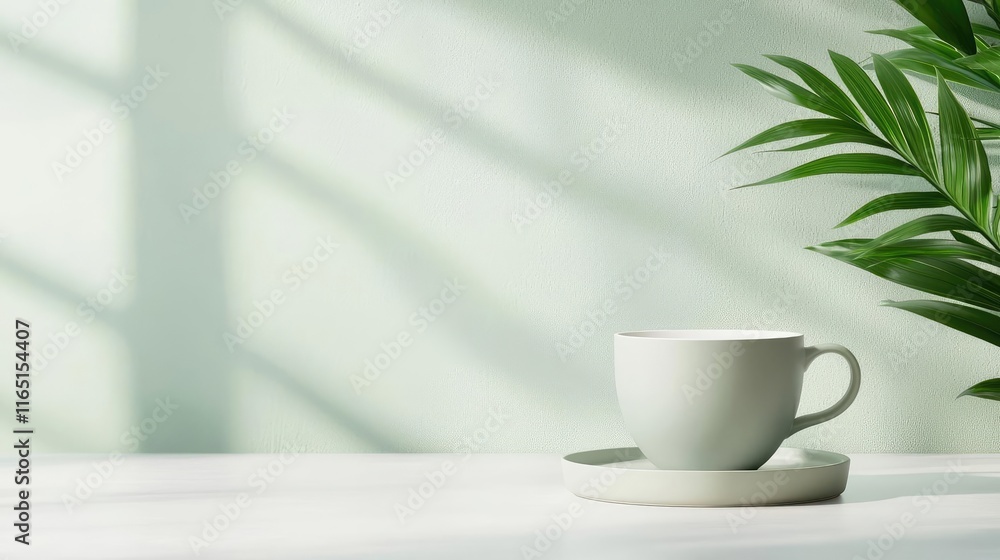 Pastel coffee idea. A minimalist scene featuring a tea cup with a plant against a soft green backdrop. Pastel coffee idea. A minimalist scene featuring a tea cup with a plant against a soft green backdrop.