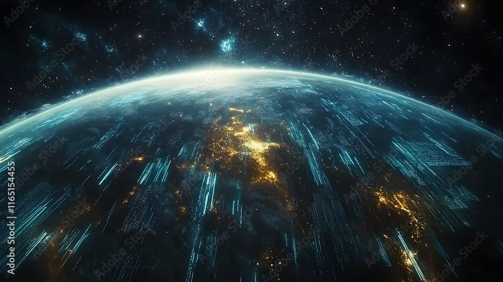 Earth viewed from space, surrounded by glowing streams of information orbiting the planet, vibrant neon hues of blue and green, holographic overlays with floating data points, Earth viewed from space, surrounded by glowing streams of information orbiting the planet, vibrant neon hues of blue and green, holographic overlays with floating data points,