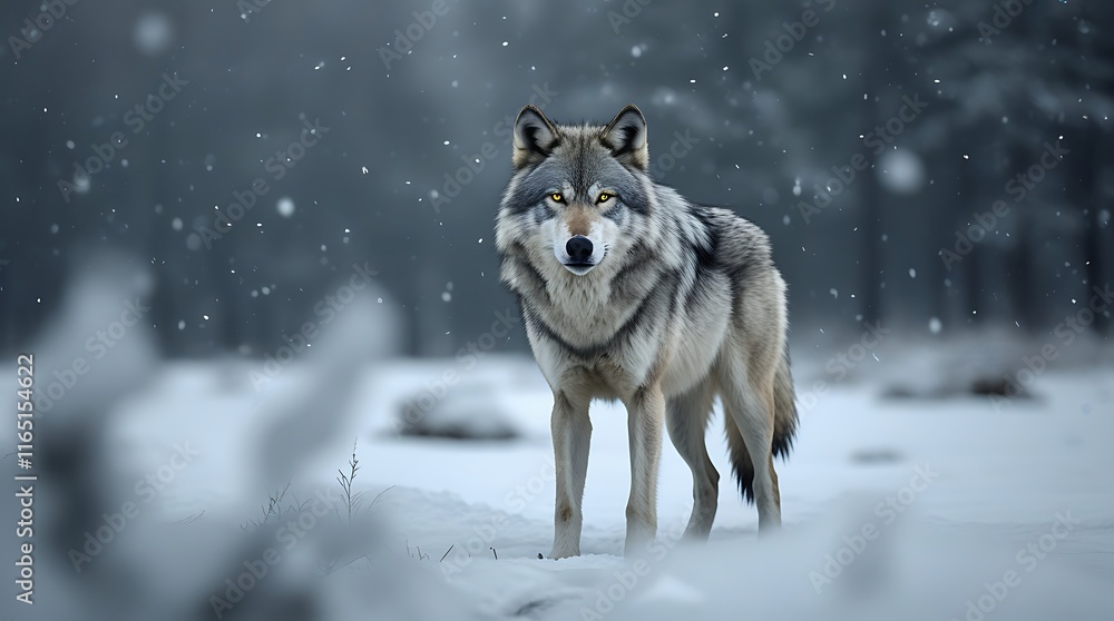 Fototapeta premium Majestic Grey Wolf Standing in Snowy Wilderness Capturing Intense Golden Eyes and Wild Beauty Amid Winter Scene Perfect for Wildlife Enthusiasts, Nature Photography, and Animal Conservation Content