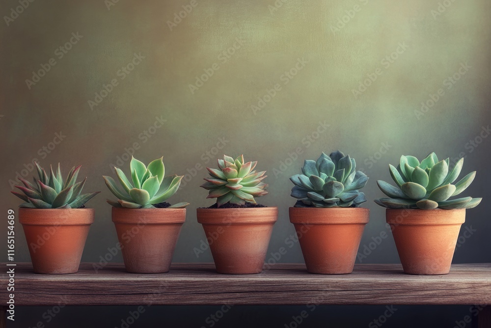 Five succulents in terracotta pots arranged on a rustic wooden shelf against a muted green background. Five succulents in terracotta pots arranged on a rustic wooden shelf against a muted green background.