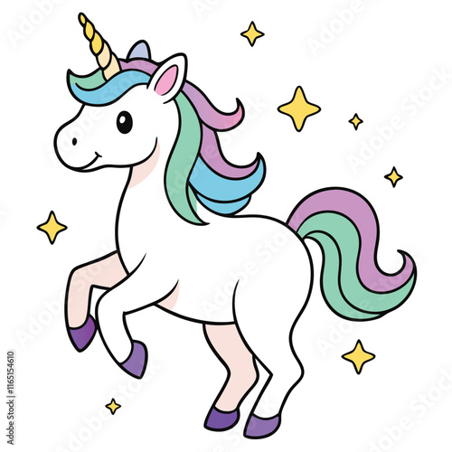 Magical unicorn with a rainbow mane prancing through a meadow isolated on white background