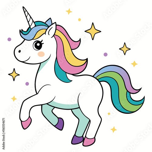Magical unicorn with a rainbow mane prancing through a meadow isolated on white background