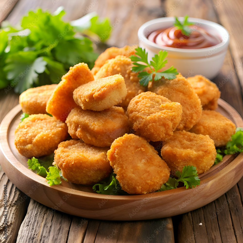 Crispy Chicken Nuggets with Ketchup on a Wooden Plate. Crispy Chicken Nuggets with Ketchup on a Wooden Plate.