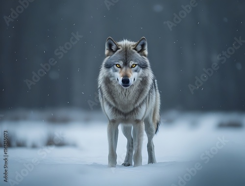 
Majestic Grey Wolf Standing in Snowy Wilderness Capturing Intense Golden Eyes and Wild Beauty Amid Winter Scene Perfect for Wildlife Enthusiasts, Nature Photography, and Animal Conservation Content photo