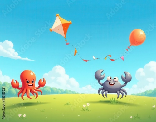 Cartoon Octopus and Crab with kites in a field