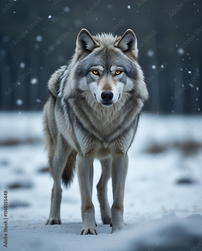 Fototapeta premium Majestic Grey Wolf Standing in Snowy Wilderness Capturing Intense Golden Eyes and Wild Beauty Amid Winter Scene Perfect for Wildlife Enthusiasts, Nature Photography, and Animal Conservation Content