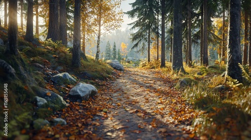 Autumn Forest Path Sunlit Trail Fallen Leaves Trees Nature
