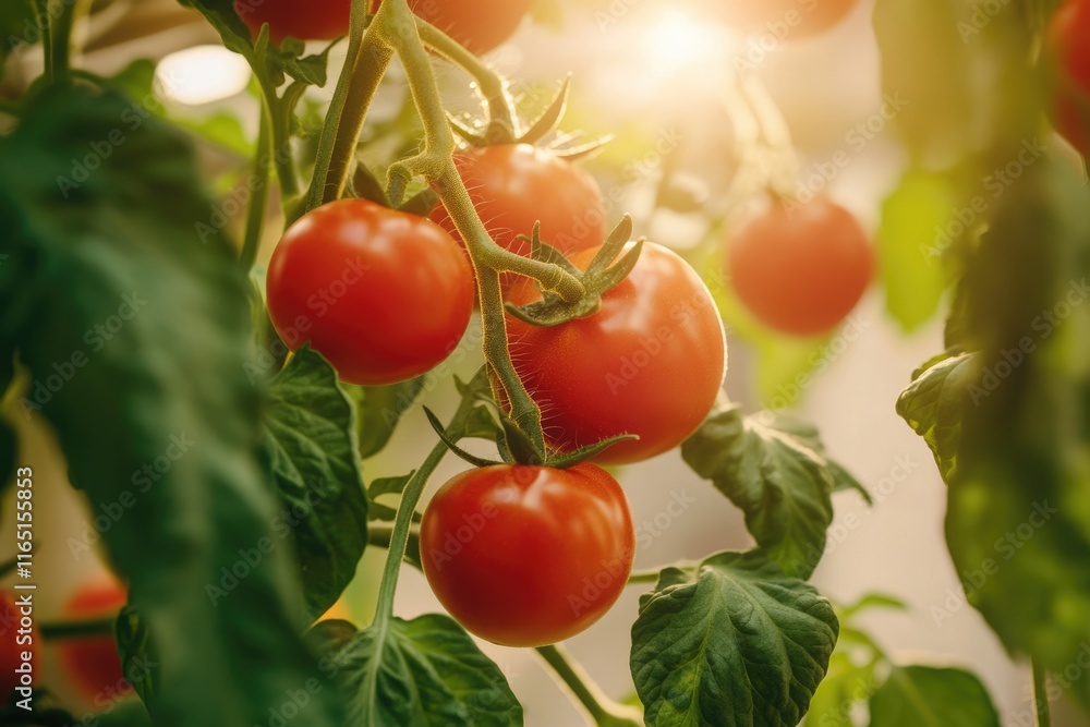 Sunlit red tomatoes ripening on the vine in a greenhouse, showcasing vibrant colors and lush greenery. Sunlit red tomatoes ripening on the vine in a greenhouse, showcasing vibrant colors and lush greenery.
