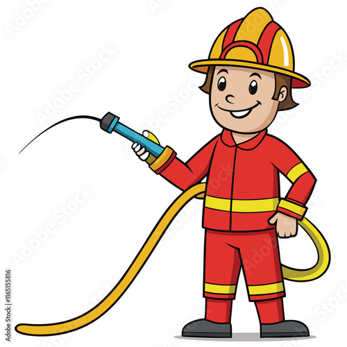 Firefighter holding a hose ready to spray water isolated on white background