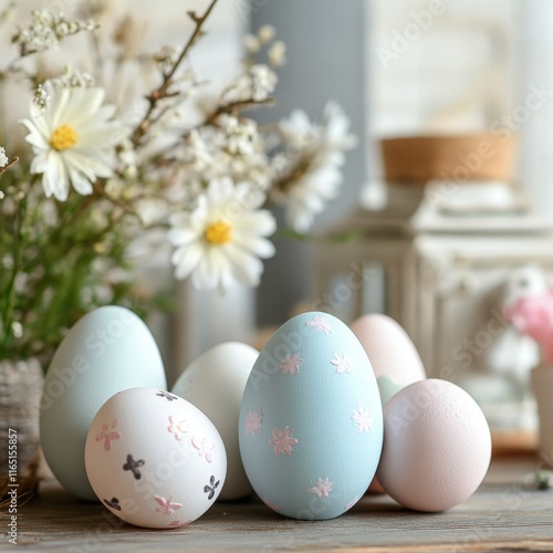A festive display of Easter eggs and spring flowers on a wooden table, with soft pastel colors creating a warm, welcoming atmosphere.