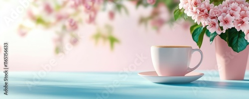 Wallpaper Mural Pastel coffee concept. A delicate cup of tea beside a floral arrangement on a soothing blue table. Torontodigital.ca