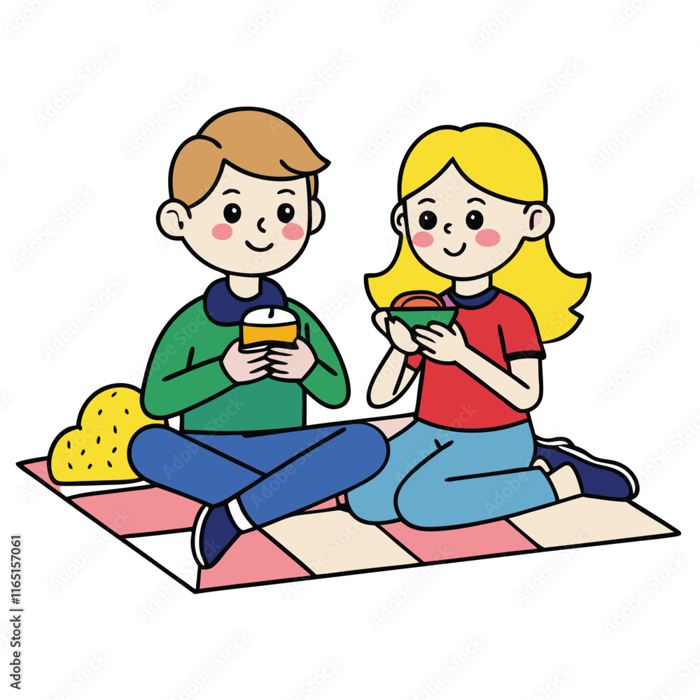 Couple sitting on a blanket sharing sandwiches isolated on white background Couple sitting on a blanket sharing sandwiches isolated on white background