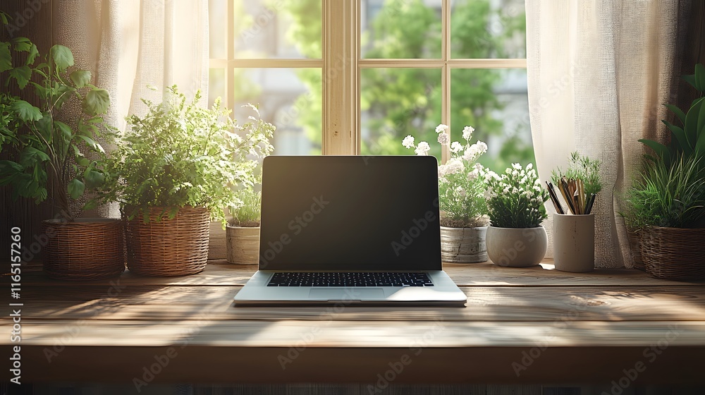 Simple workspace arrangement with a laptop on a clean desk and soft decor elements Simple workspace arrangement with a laptop on a clean desk and soft decor elements