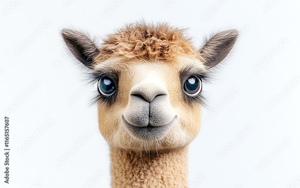 Obraz premium Close-up portrait of a cute alpaca with big blue eyes and a friendly expression against a white background.
