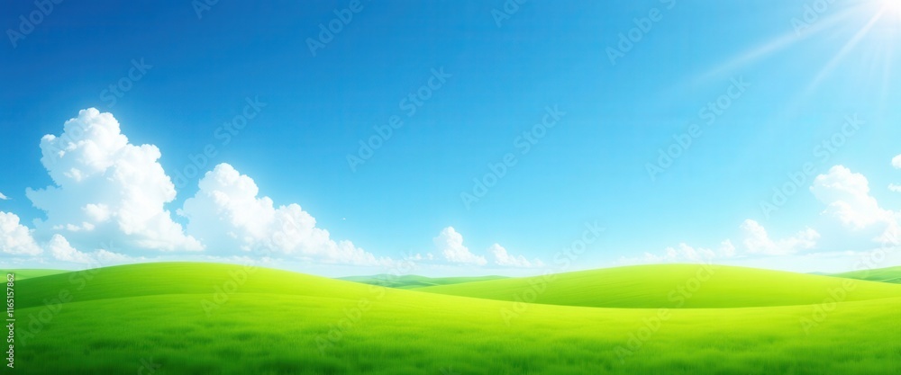 Green grassy hills under blue sky with white clouds and sunflare