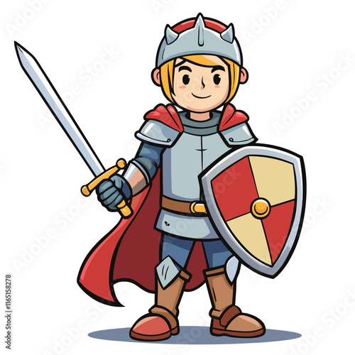 A brave knight in shining armor holding a sword and armor isolated on white background