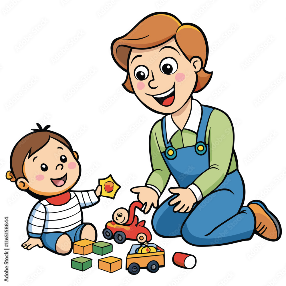 A babysitter playing with a toddler, toys scattered isolated on white background A babysitter playing with a toddler, toys scattered isolated on white background