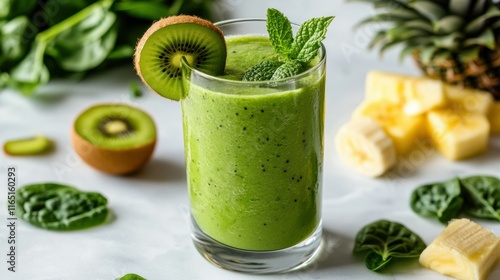 vibrant green smoothie made from spinach, banana, and pineapple, served in a tall clear glass, garnish of sliced kiwi and mint leaves on the rim side angle captures the fresh, healthy vibe