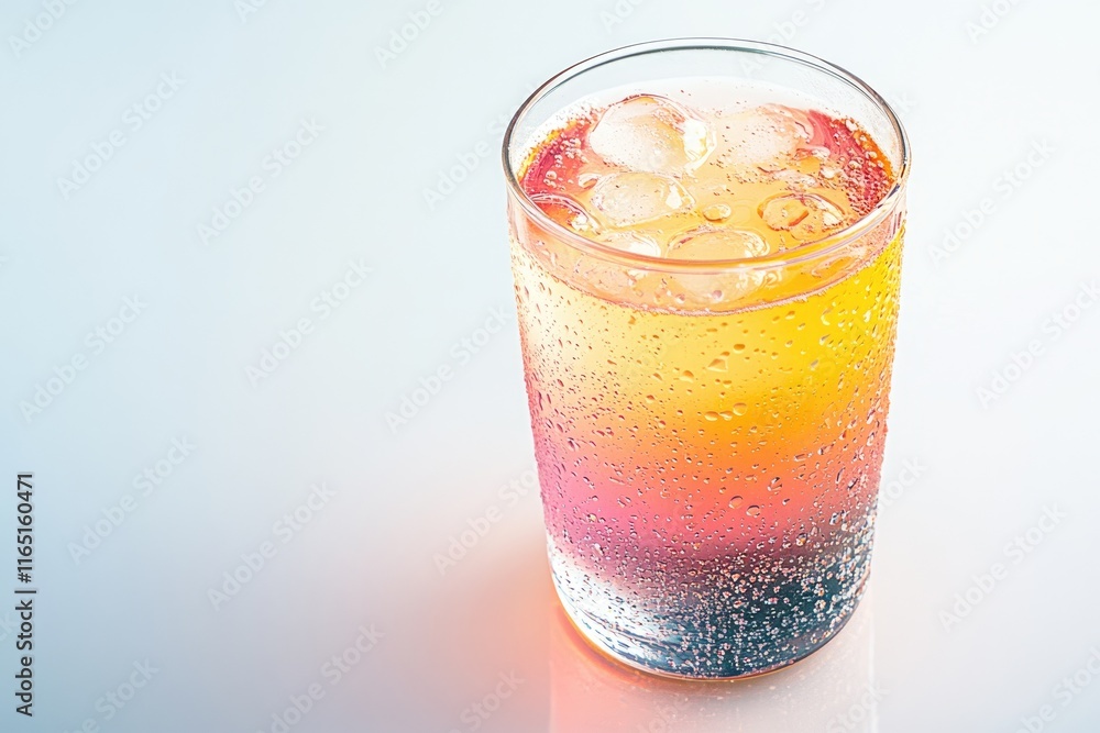 A refreshing glass of layered beverage with ice cubes, condensation, and a vibrant color gradient. A refreshing glass of layered beverage with ice cubes, condensation, and a vibrant color gradient.