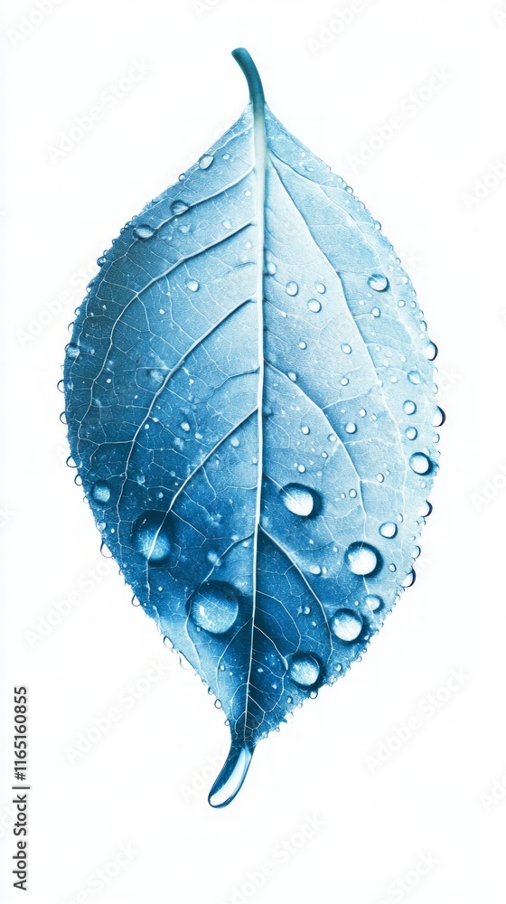 Obraz premium Stunning Blue Leaf with Dew Drops - A Close-up Nature Photography