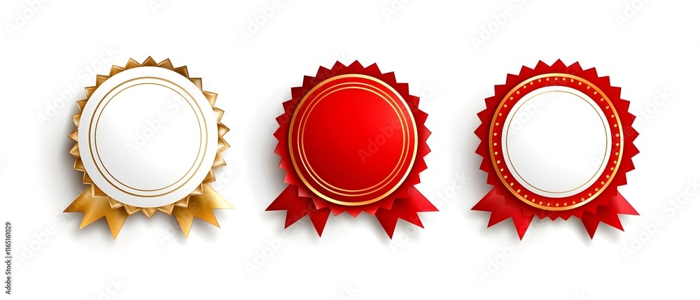Three red and gold colored badges with a red ribbon Three red and gold colored badges with a red ribbon
