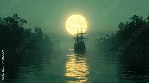 Mysterious sailing ship at night, sailing through a moonlit river, surrounded by misty trees.