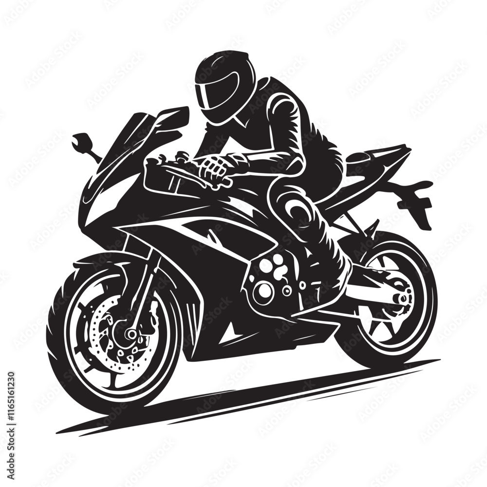 Motorcycling Silhouette Vector Illustration, Solid White Background. Motorcycling Silhouette Vector Illustration, Solid White Background.