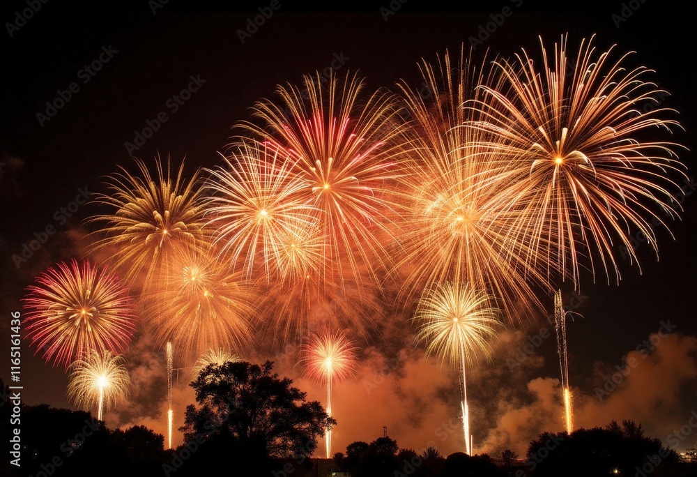 Multiple fireworks bursts in night sky, tree silhouettes visible Multiple fireworks bursts in night sky, tree silhouettes visible