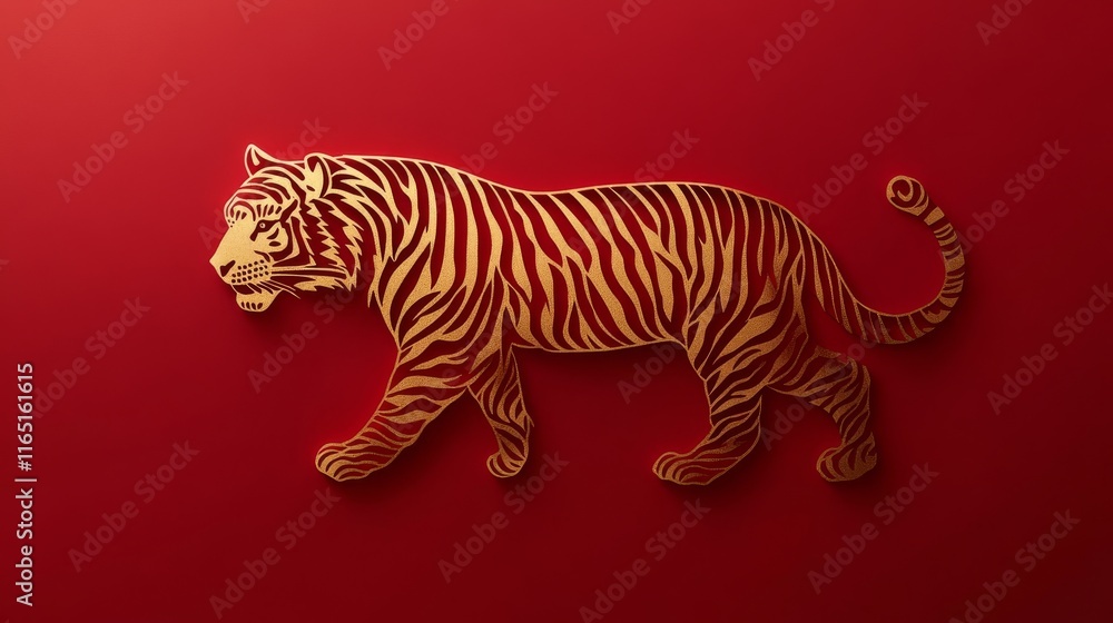 Obraz premium Chinese New Year 2025 paper cut tiger silhouette, glitter, Happy New Year Chinese typography, gold on red. Vector illustration. Flat style design. Holiday card concept, banner, poster, decor element.