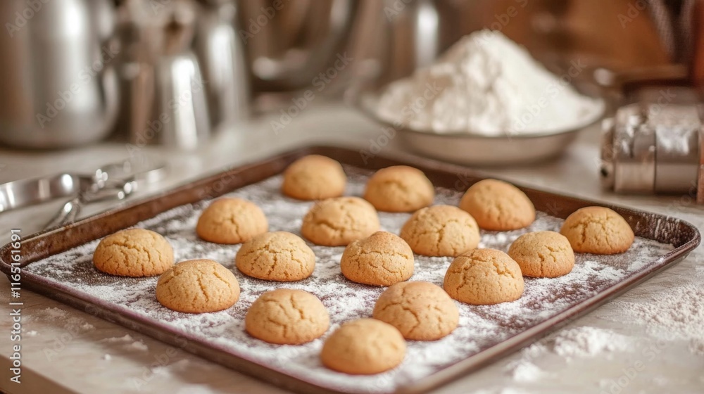 A tray of golden-brown cookies cooling on a kitchen counter, with flour and baking tools nearby, showing a cozy baking scene. A tray of golden-brown cookies cooling on a kitchen counter, with flour and baking tools nearby, showing a cozy baking scene.