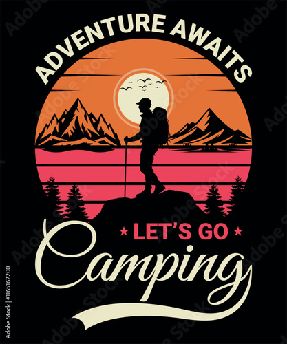 Adventure Awaits Camping Graphic T-Shirt Design – Retro Hiking Illustration with Sunset and Mountain Scene