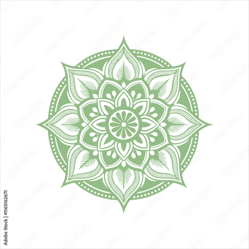 Obraz premium Top view of a ceramic plate showcasing a detailed floral mandala design in vibrant orange and teal colors, isolated on white background.