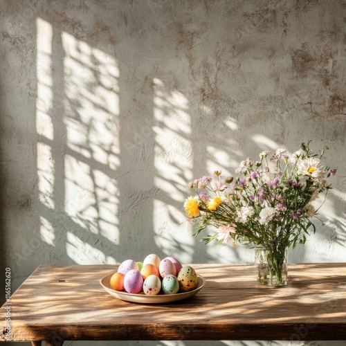 A wide shot of a wooden table with a plate of colorful Easter eggs, fresh flowers, and subtle shadow play on the abstract kitchen wall behind.