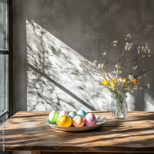 A wide shot of a wooden table with a plate of colorful Easter eggs, fresh flowers, and subtle shadow play on the abstract kitchen wall behind.
