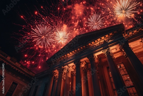 Vibrant fireworks explode over a grand classical building at night, creating a breathtaking spectacle. photo