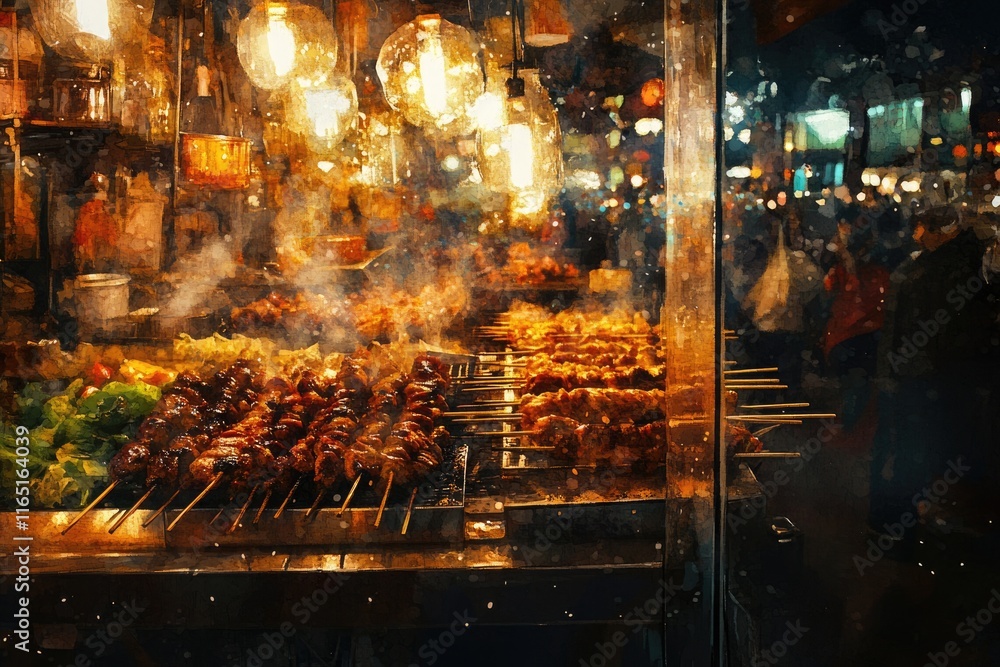 Obraz premium Night market street food stall grilling skewers of meat and vegetables under warm lights.