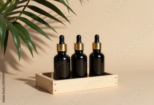 Three black bottles with gold caps in a wooden tray with palm leaves photo