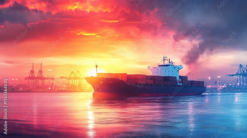 Obraz premium Vibrant Freight Ship Navigating Busy Port at Sunset Over Sea
