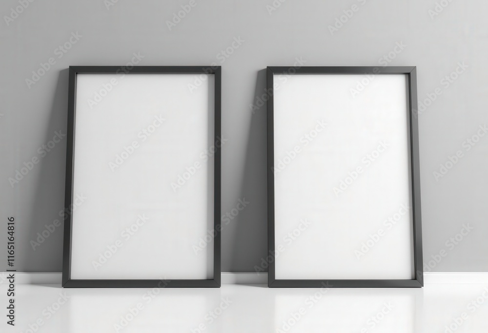 Two black frames with white mats against a gray wall Two black frames with white mats against a gray wall