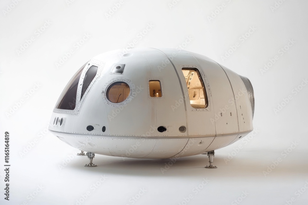 Obraz premium A white spacecraft capsule, seemingly a prototype, rests on legs against a white backdrop.