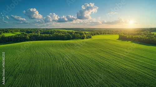Aerial view of vibrant green field at sunset.