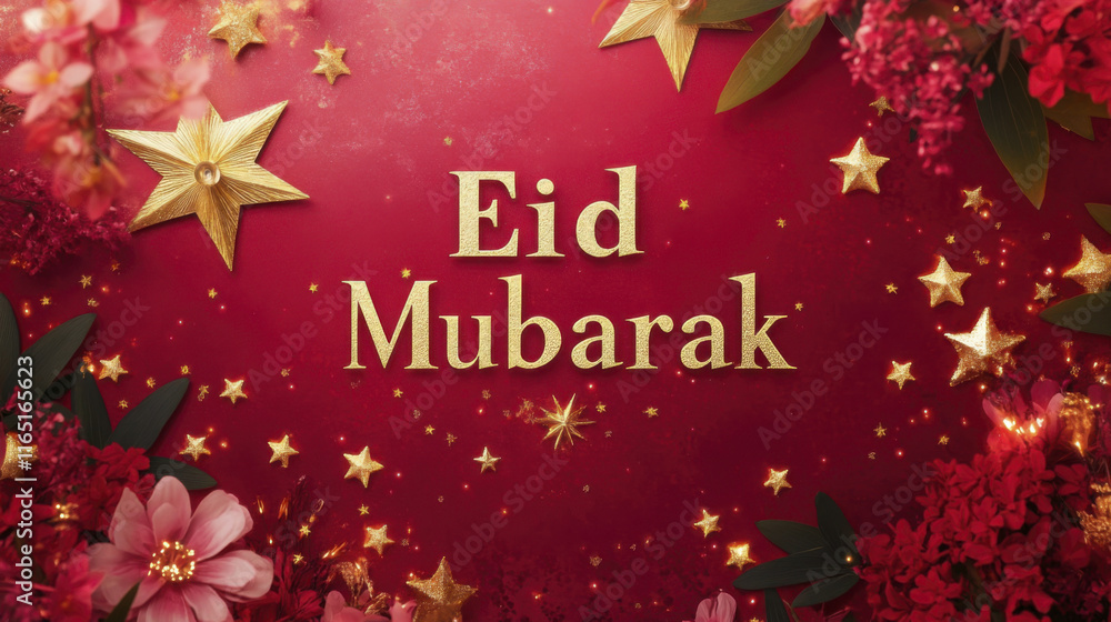 Fototapeta premium Eid Mubarak greeting with floral decorations and golden stars on red background
