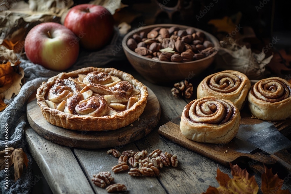 Autumn baked goods: apple tart with cinnamon swirl pastry and pecan nuts. Autumn baked goods: apple tart with cinnamon swirl pastry and pecan nuts.