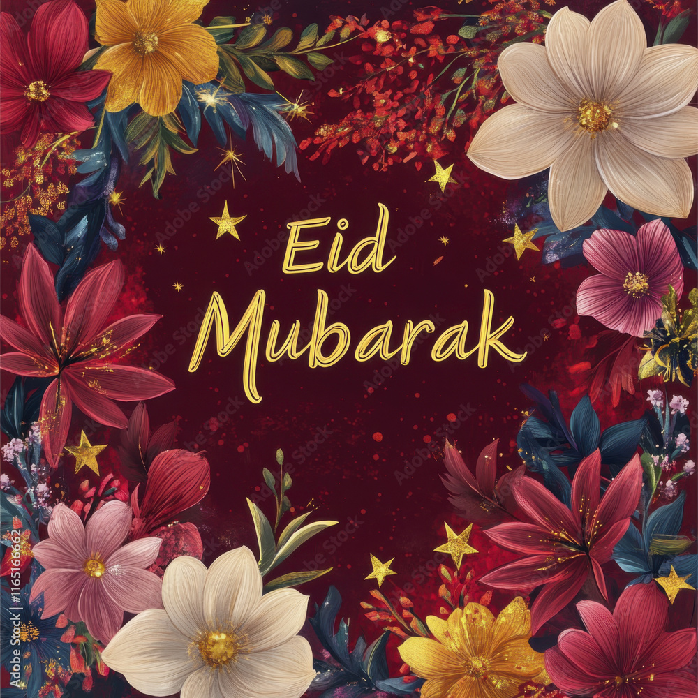 Obraz premium Eid Mubarak greeting surrounded by vibrant flowers and stars, celebrating joy